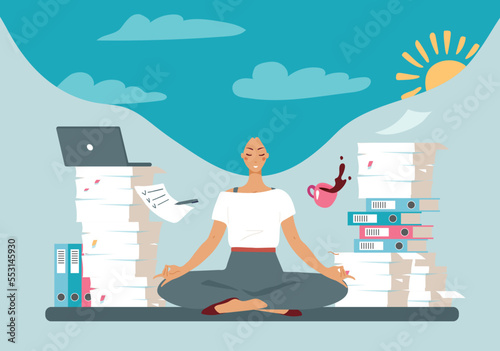 Meditating on the workplace girl surrounded by a bunch of documents and folders. Woman rests in a break, concept burnout, stress and career growth. Flat vector illustration.