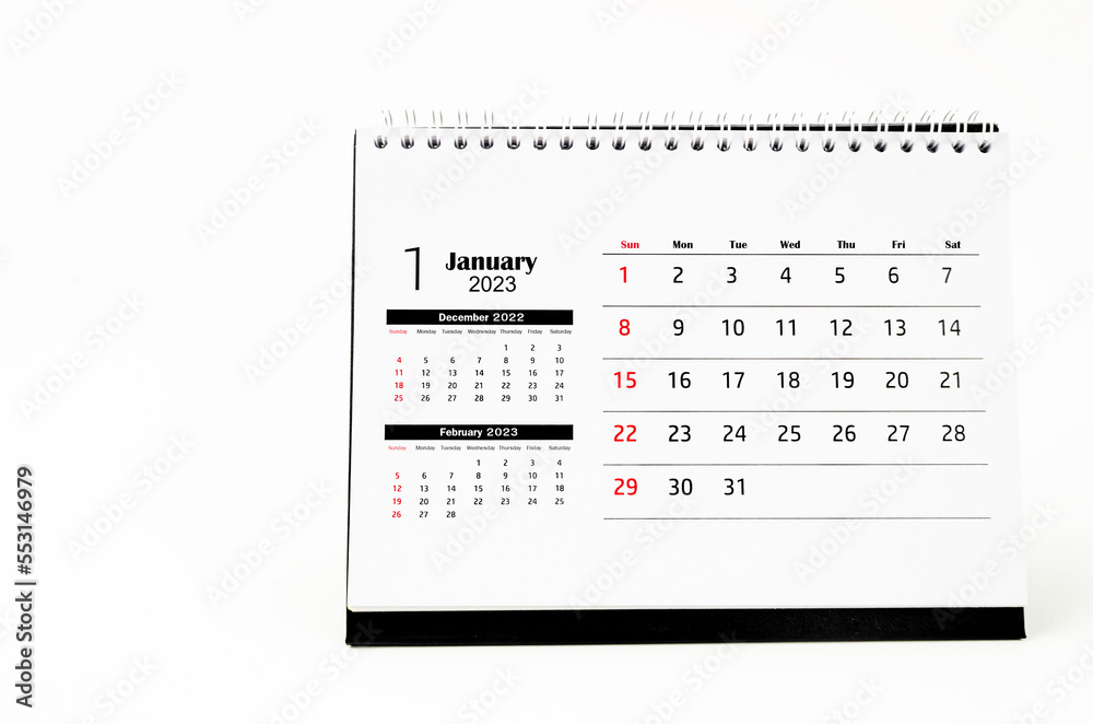 The January 2023 Monthly desk calendar for 2023 year isolated on white background. The January 2023 Monthly desk calendar for 2023 year isolated on white background.