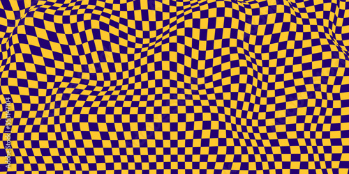 Wavy chess board. Yellow-blue chessboard concept. Wave distortion effect. Vector illustration.