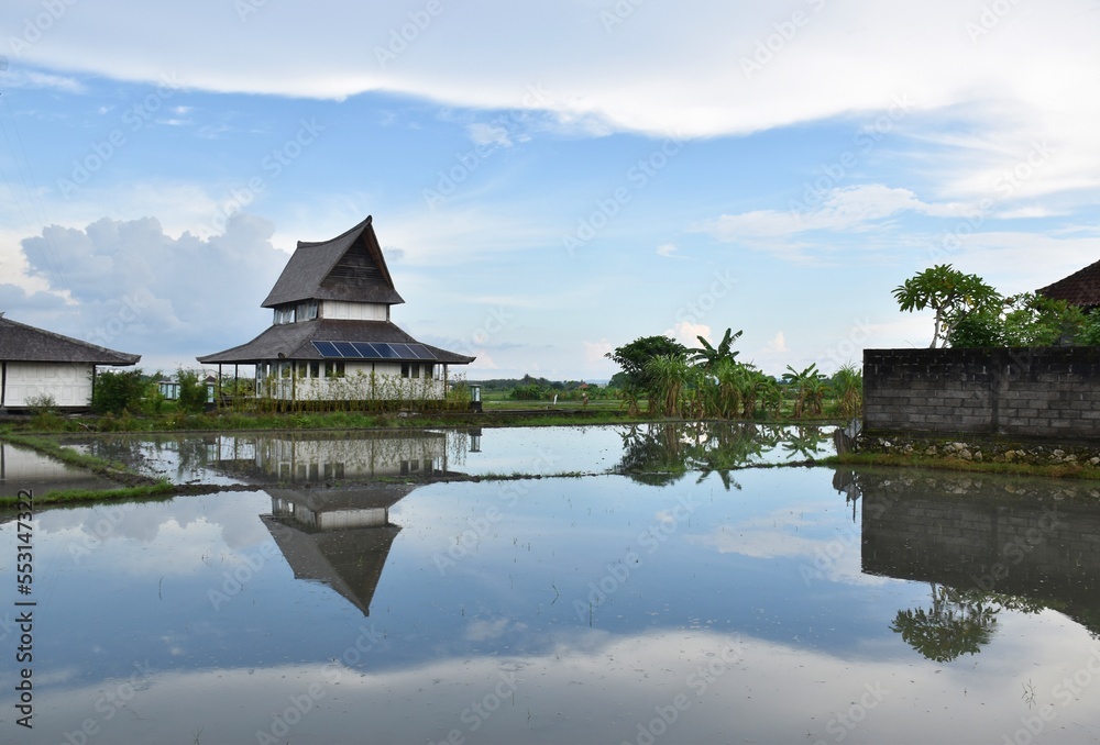Traditional building reflecting in the waters of Tanah lot rice fields, Bali, Indonesia