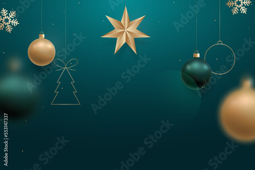 Christmas greeting bacground with hanging realistic golden and green balls, snowflakes and star. Ideal for banner, adversting, flyers, web. photo