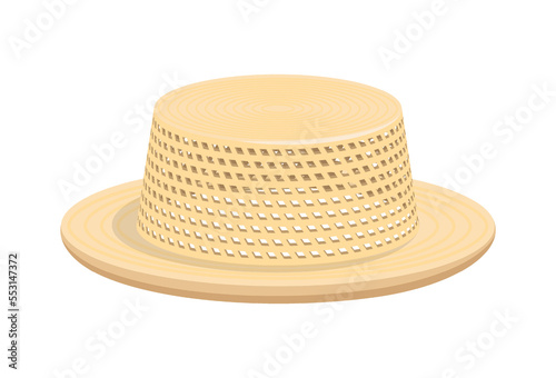 Classic woven summer men hat to protect head from sun. Headwear made from natural materials. Mesh men panama. Cartoon vector isolated on white background