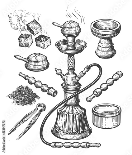 Oriental smoking hookah and set of accessories. Hand drawn nargile, shisha sketch isolated. Vintage illustration