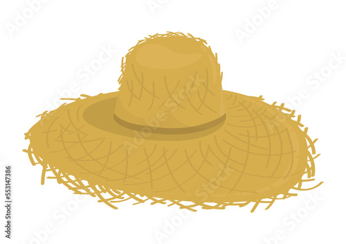 Old wide brimmed straw hat of rural farmer. Antique clothes, headdress made of straw of villager. Cartoon Vector isolated on white background