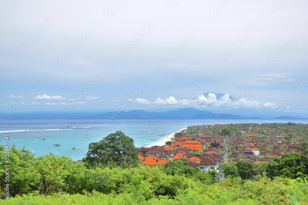 View towards the volcanos and Jungutbatu beach, Nusa Lembongan, Bali, Indonesia