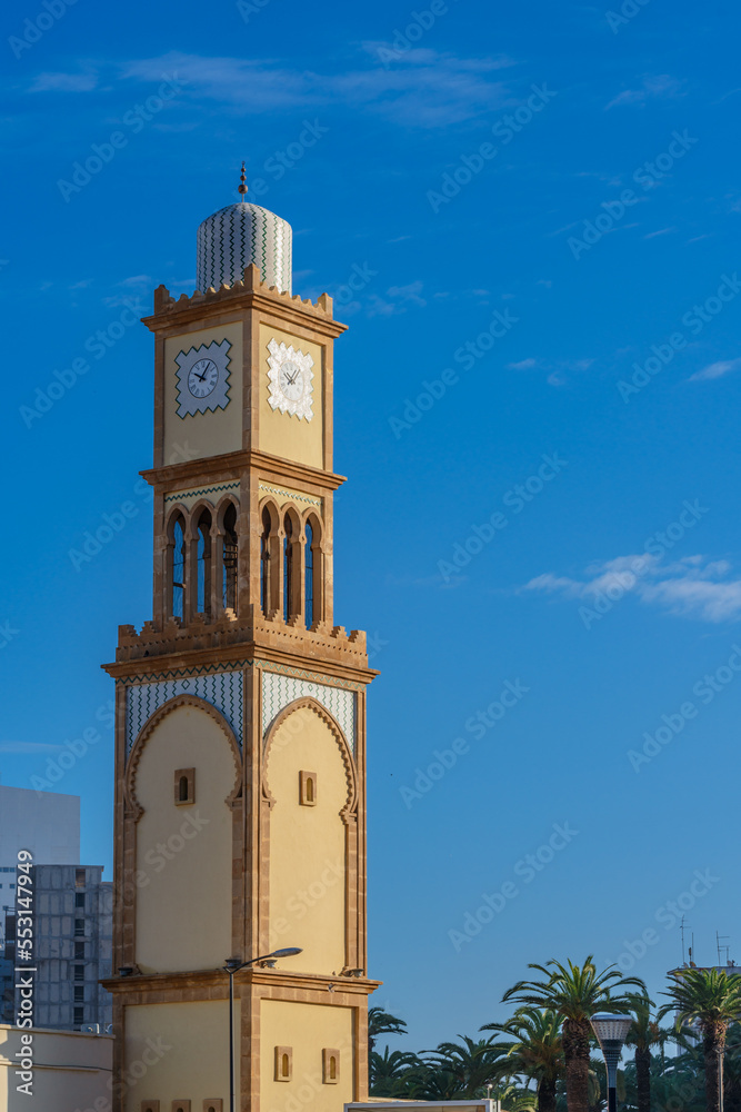 The Casablanca Clock Tower in French Tour de l'Horloge against blue sky