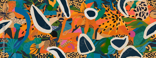 Abstract hand drawn exotic print with leopard skin. Modern collage with different shapes and textures. Groovy cartoon style pattern.