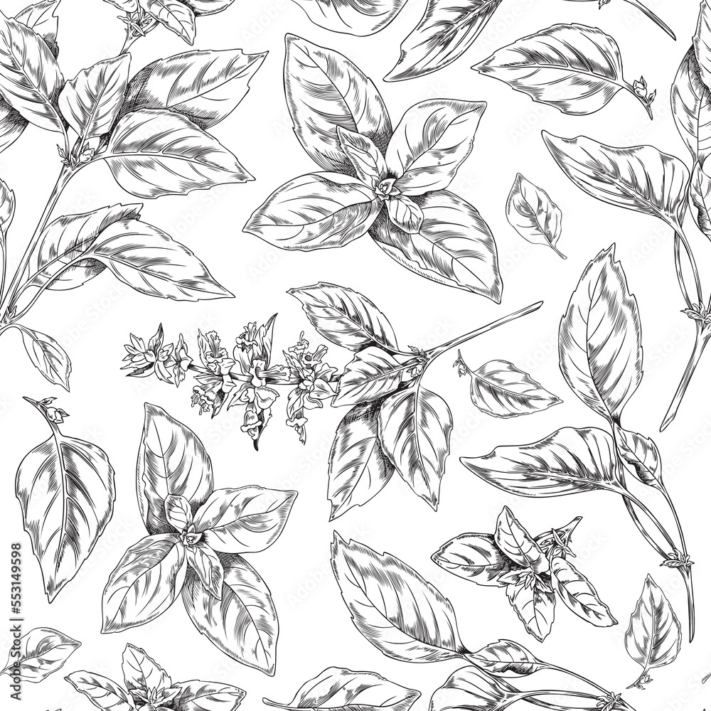 Fototapeta premium Seamless decorative pattern with basil leaves and twigs, vector illustration.