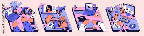 Creative work set. Artists at workplaces with laptops, computers, laptop PC on desk. Illustrators, photographers, designers hands drawing, editing at table. Isolated flat vector illustrations