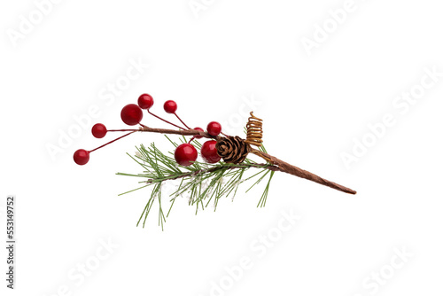 Fir branch, with branches of red berries and snow isolated. christmas tree.Christmas green spruce branch, decoration red berries holly. green fir tree branch, isolated on transparent background png	
 photo