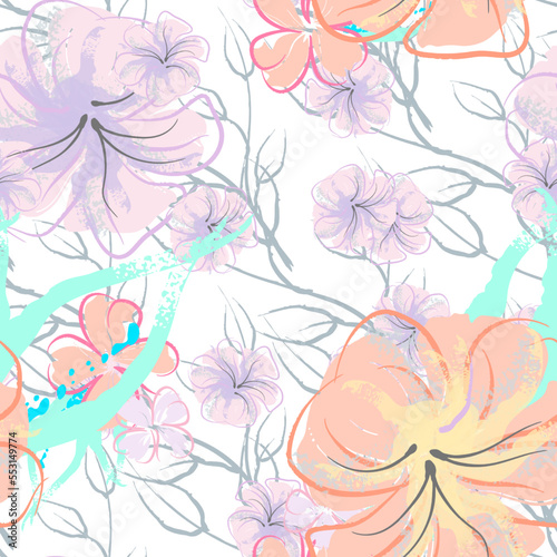 Pink Flowers Blooming Pattern. Pastel Watercolor.