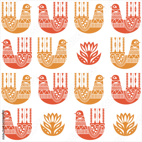 New Year and Christmas poster. Illustration in European, Scandinavian style with birds and flowers. Slavic bright patterns with animals on a white background. Minimalist background for wrapping paper.