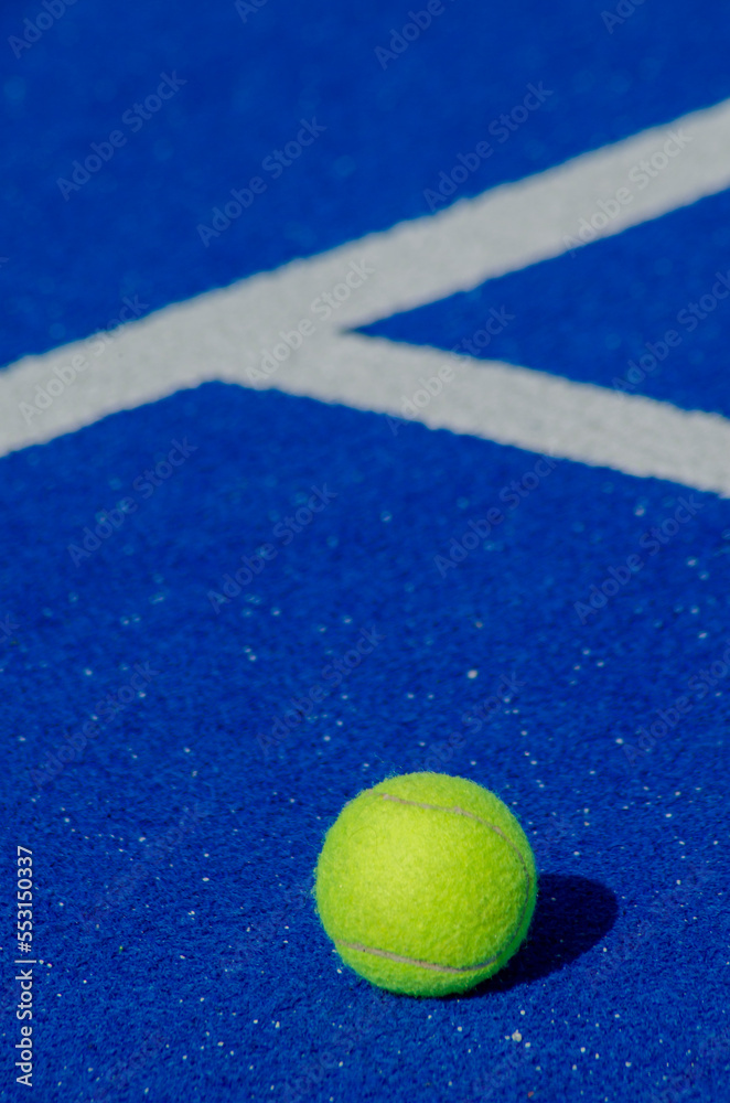 a ball on a blue paddle tennis court