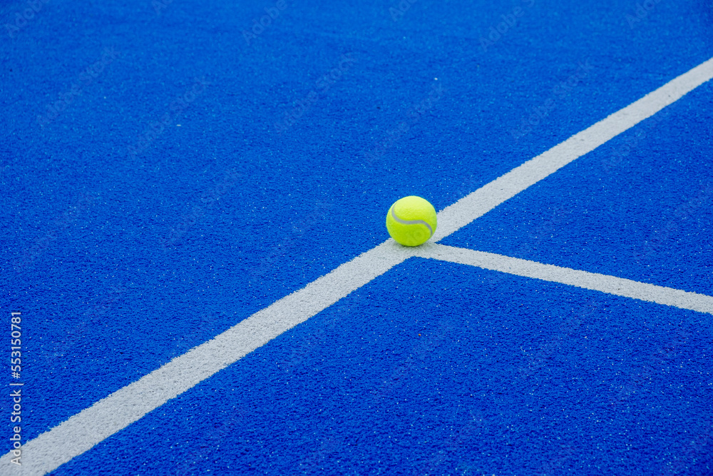 a ball on a blue paddle tennis court line