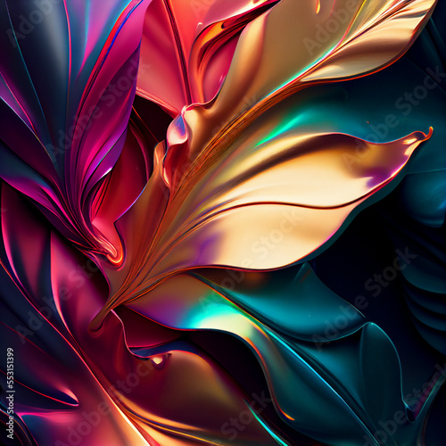 Vivid colours organic gradient with feathers, abstract metallic texture created with generative AI technology.