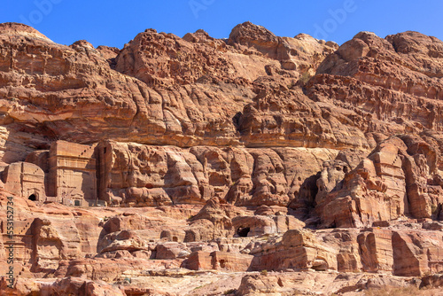 Facades Street caves in the ancient city of Petra City, Jordan Petra, famous historical and archaeological site