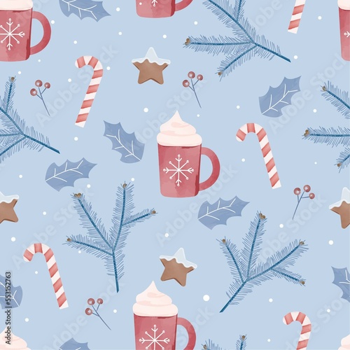 seamless pattern with christmas trees and cup of coffee