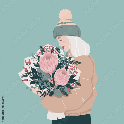 Young beautiful caucasian girl holding bouquet of flowers. Winter bouquet with rosehip berries, protea and spruce branches.