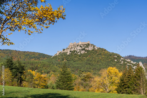 Autumn landscape view on the ancient medieval Puilaurens cathar castle, Lapradelle-Puilaurens, Aude, France photo