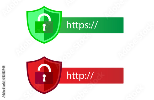 HTTP and HTTPS protocols on shield. Safe and secure, HTTPS. Secured SSL shield and padlock symbols.