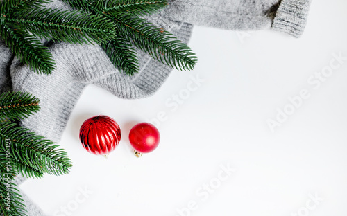 beautiful layout with Christmas decorations isolatesd on white background. frame flat lay composition . copy space. top view. photo