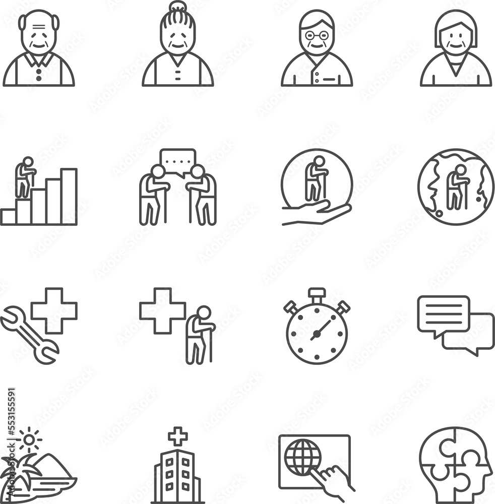 Seniors Thin Line Icons, Aging society concept, Vector line icon set Seniors Thin Line Icons, Aging society concept, Vector line icon set