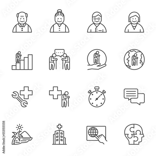 Seniors Thin Line Icons, Aging society concept, Vector line icon set