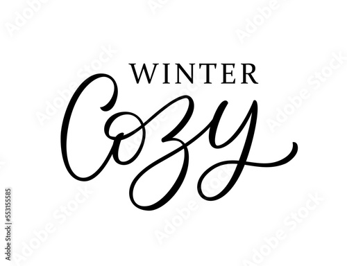 COZY WINTER text. Printable graphic tee. Design cozy winter for print. Vector illustration. Black and white. Cartoon hand drawn calligraphy style.