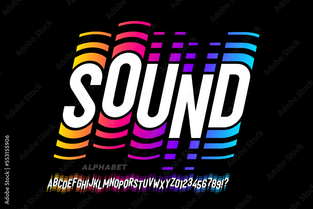 Sound wave rhythm font design, alphabet letters and numbers vector illustration - obrazy, fototapety, plakaty 