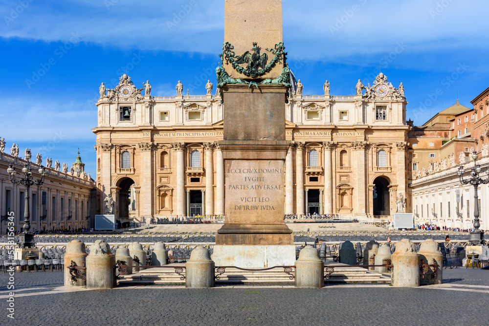 St. Peter's basilica and Egyptian obelisk on Saint Peter's square in Vatican, center of Rome, Italy