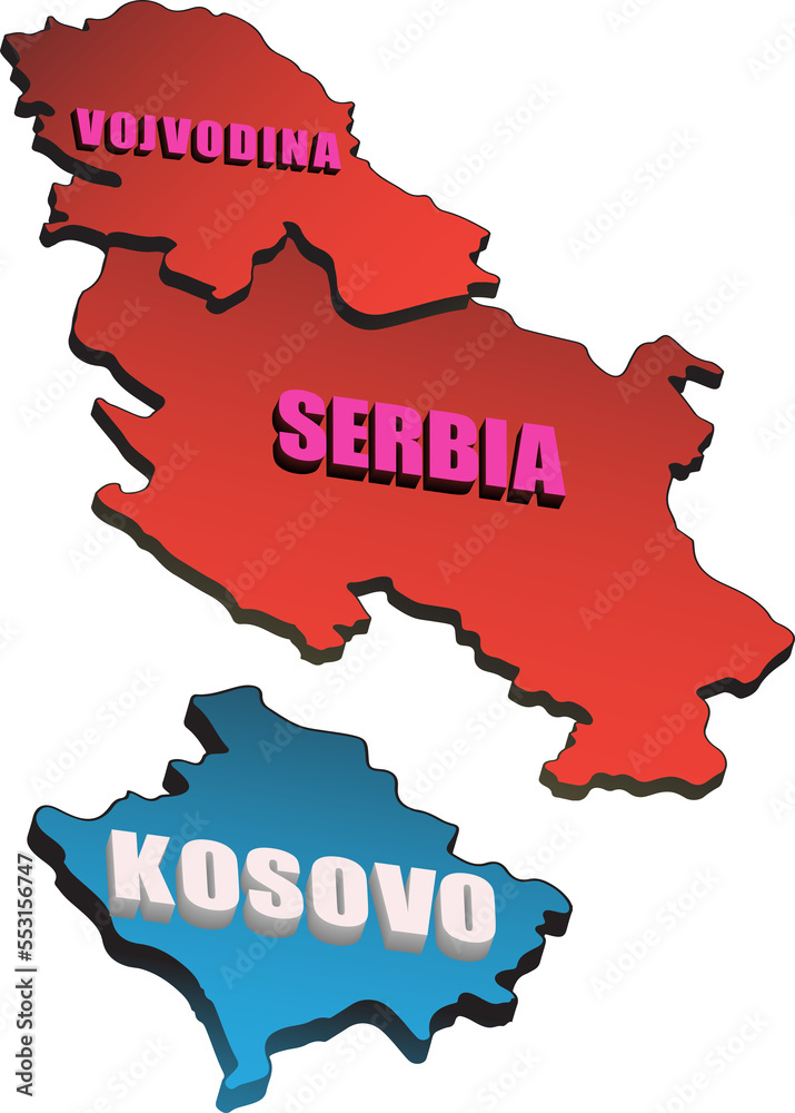 Map with borders of Serbia, Vojvodina and Kosovo. War in the Balkans in 3D