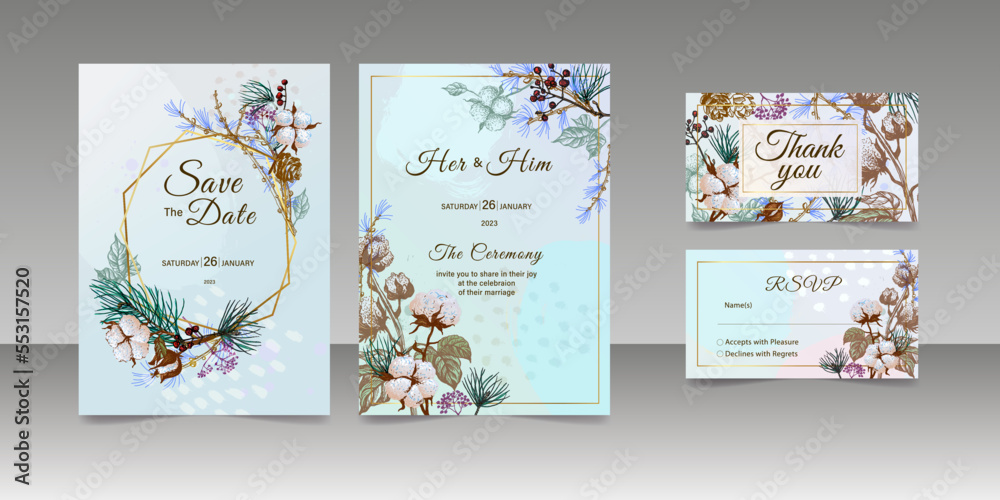 Floral wedding invitation for winter wedding, save the date thank you rsvp card design template. Vector. Cotton flowers, pine branches, winter berries and flowers.
