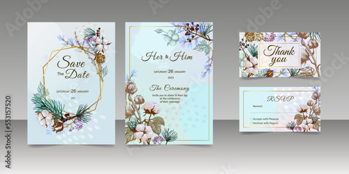 Floral wedding invitation for winter wedding  save the date thank you rsvp card design template. Vector. Cotton flowers  pine branches  winter berries and flowers.