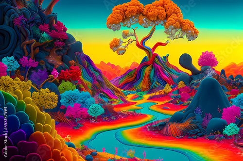 Fluorescent Dreamy Mystical colorful glowing fantasy world Imagination of start of mind