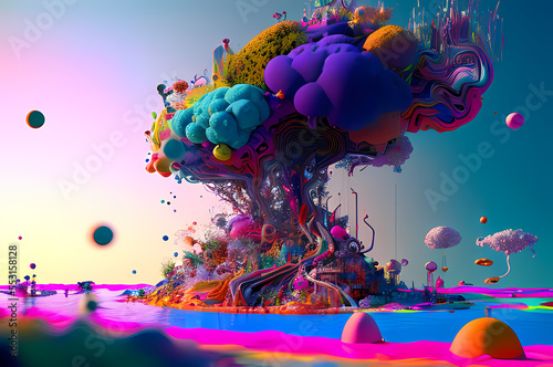 Fluorescent Dreamy Mystical colorful glowing fantasy world Imagination of start of mind