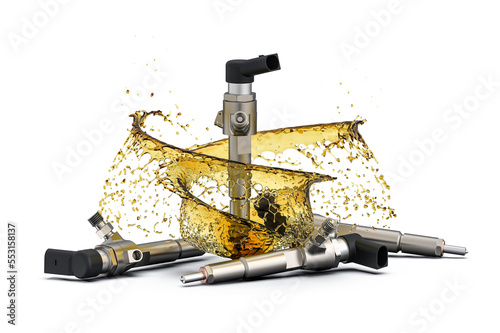 Diesel injector.  Fuel diesel injector.  Set of fuel injectors with splash of fuel on transparent background.