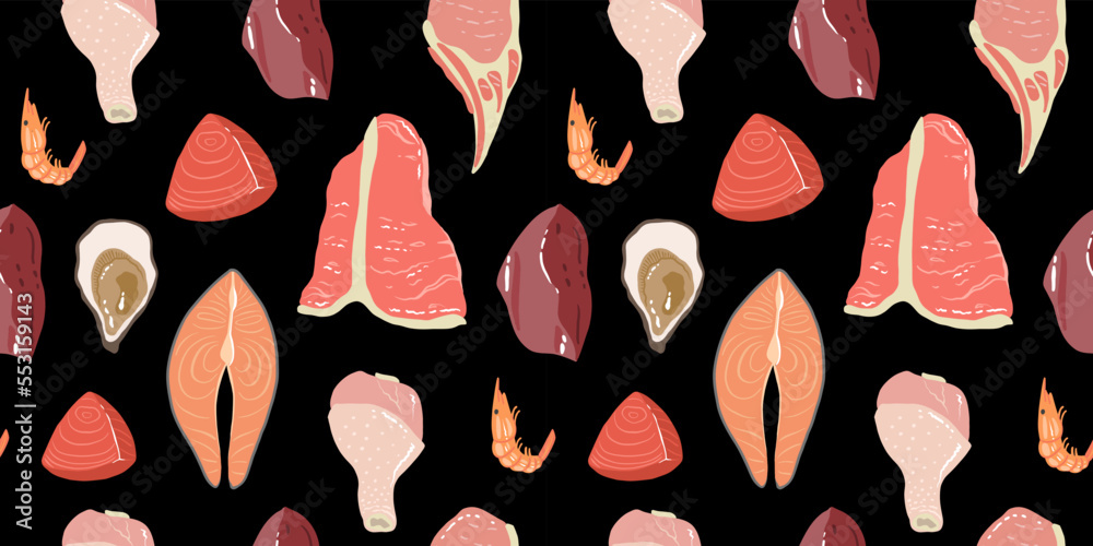Meat cuts seamless pattern background. Fresh pork chop, beef, ham, chicken, turkey leg and fish fillet, oysters, tuna and shrimp. Food background for butchery shop design