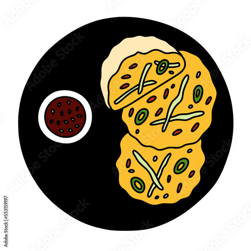 Pajeon with soy sauce and sesame on the plate, korean traditional food. Vector illustration.