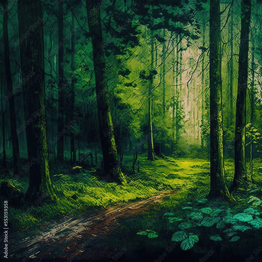 Obraz premium Green forest in a oil texture illustration design art