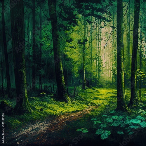Green forest in a oil texture illustration design art