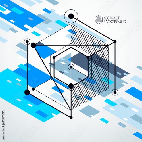 Abstract vector geometric isometric blue background. Mechanical scheme, vector engineering drawing with cube and geometric mechanism parts.