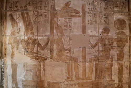 Inscription with Seti I on a throne greeted by gods, from the mortuary temple of Seti I in Thebes - West Bank of Luxor