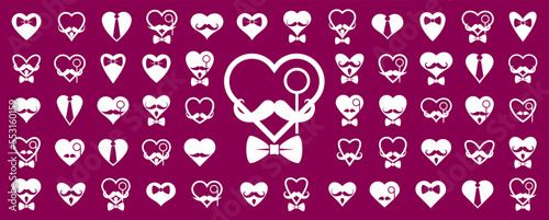 Gentleman hearts vector icons or logos set, heart shapes with ties mustaches and glasses symbols collection, man club, male style and fashion.