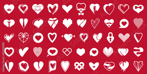 Collection of hearts vector logos or icons set, heart shapes of different styles and concepts symbols, love and care, health and cardiology, geometric and low poly.