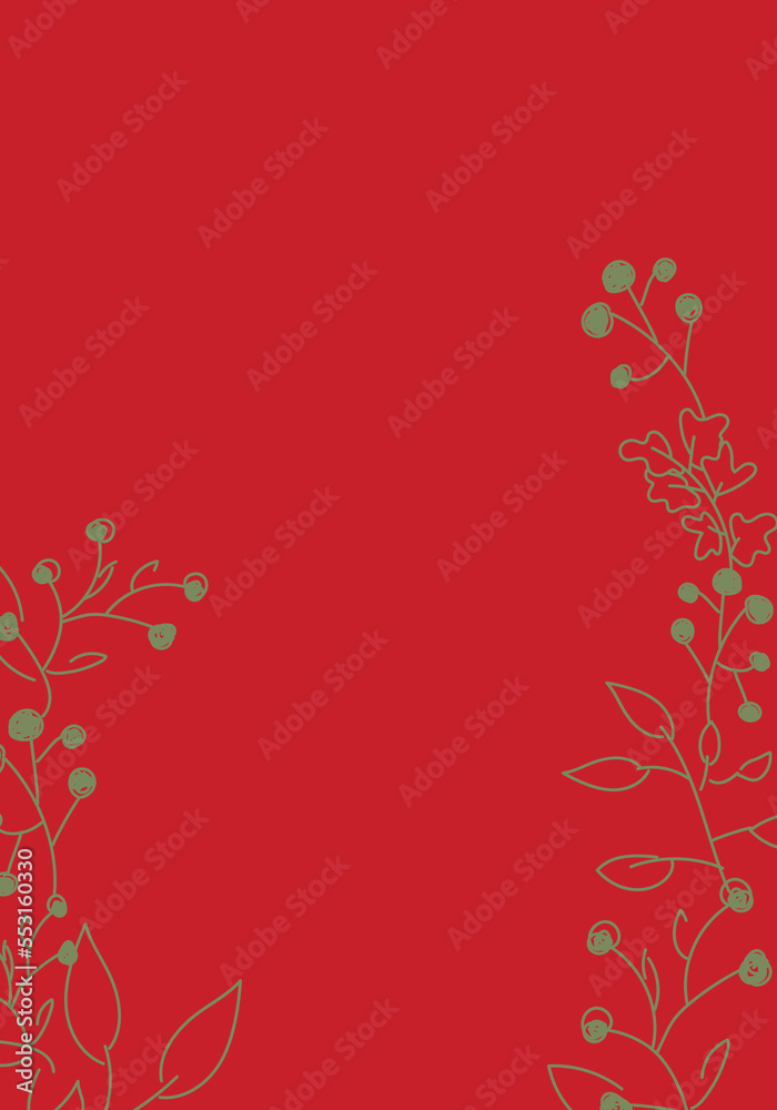 Vector. Merry Christmas and Happy New Year floral background, copy space for your text. Rustic vertical frame template for Christmas cards, wedding invitations, party invitation. Hand-drawn sketch.