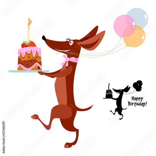 Cheerful dachshund carries birthday cake and air balloons. Happy Birthday!