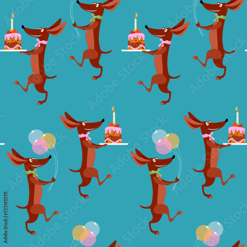 Cheerful dachshunds carries birthday cakes and air balloons. Happy Birthday! Seamless background pattern