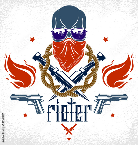 Revolution and Riot aggressive emblem or logo with aggressive skull, weapons and different design elements , vector tattoo, anarchy and chaos, rebel partisan and revolutionary.