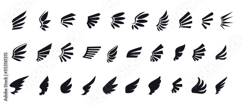 Eagle bird wing, angel logo collection. Freedom angelic emblem, black retro business silhouette, retro feather. Geometric and hand drawn isolated elements. Vector icon recent symbols set