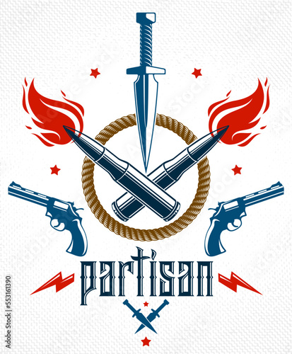 Dagger knife and other weapons  vector emblem of Revolution and War, tattoo with lots of design elements, anarchy and chaos concept, criminal and gangster style, social tension theme.